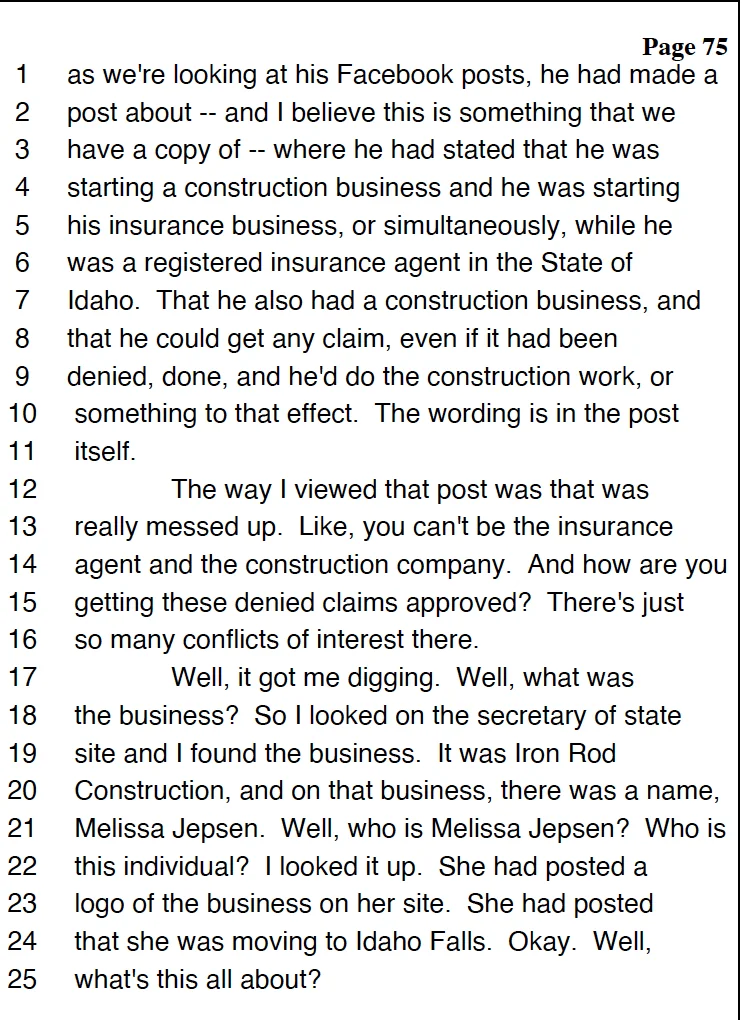 Chad Christensen deposition page 75, Iron Rod Construction