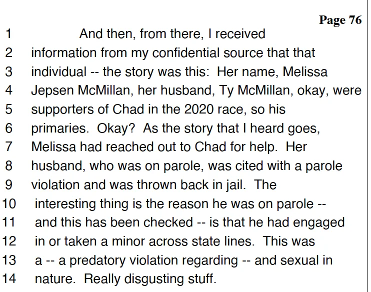 Chad Christensen deposition page 76, Melissa McMillan