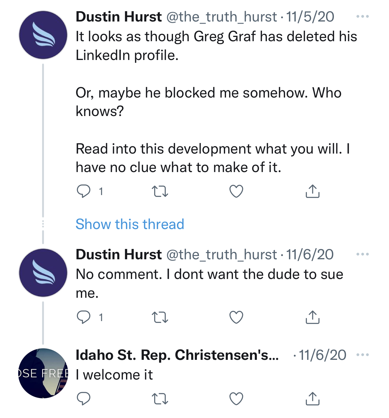 Dustin Hurst noting Greg Graf deleted LinkedIn profile