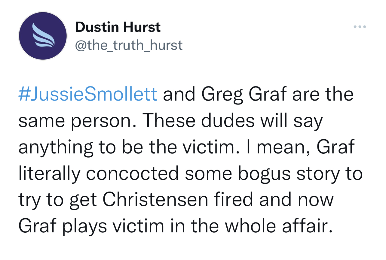 Dustin Hurst comparing Greg Graf to Jussie Smollett on Twitter