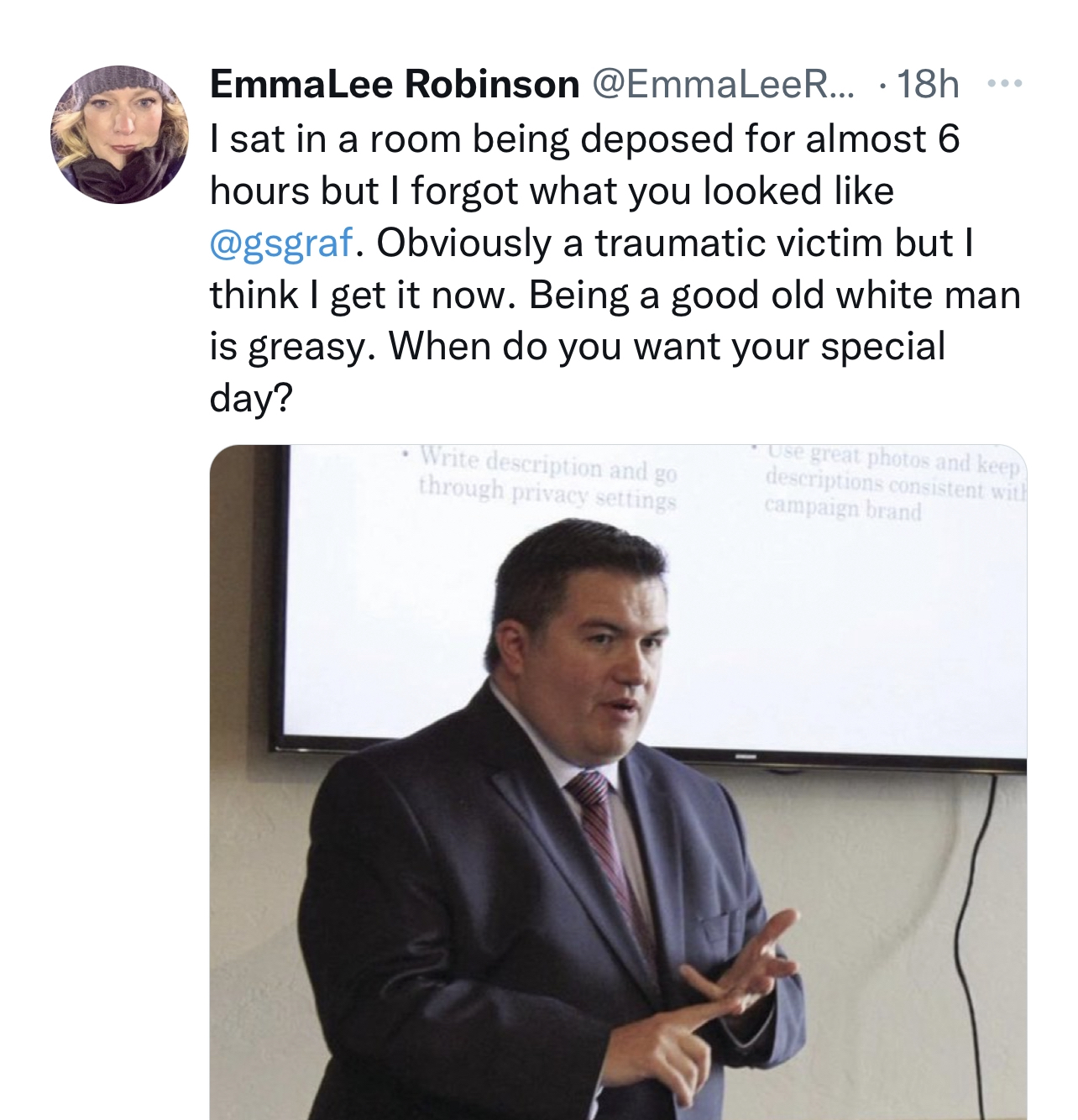 EmmaLee Robinson tweet: 'I sat in a room being deposed for almost 6 hours but I forgot what you looked like'