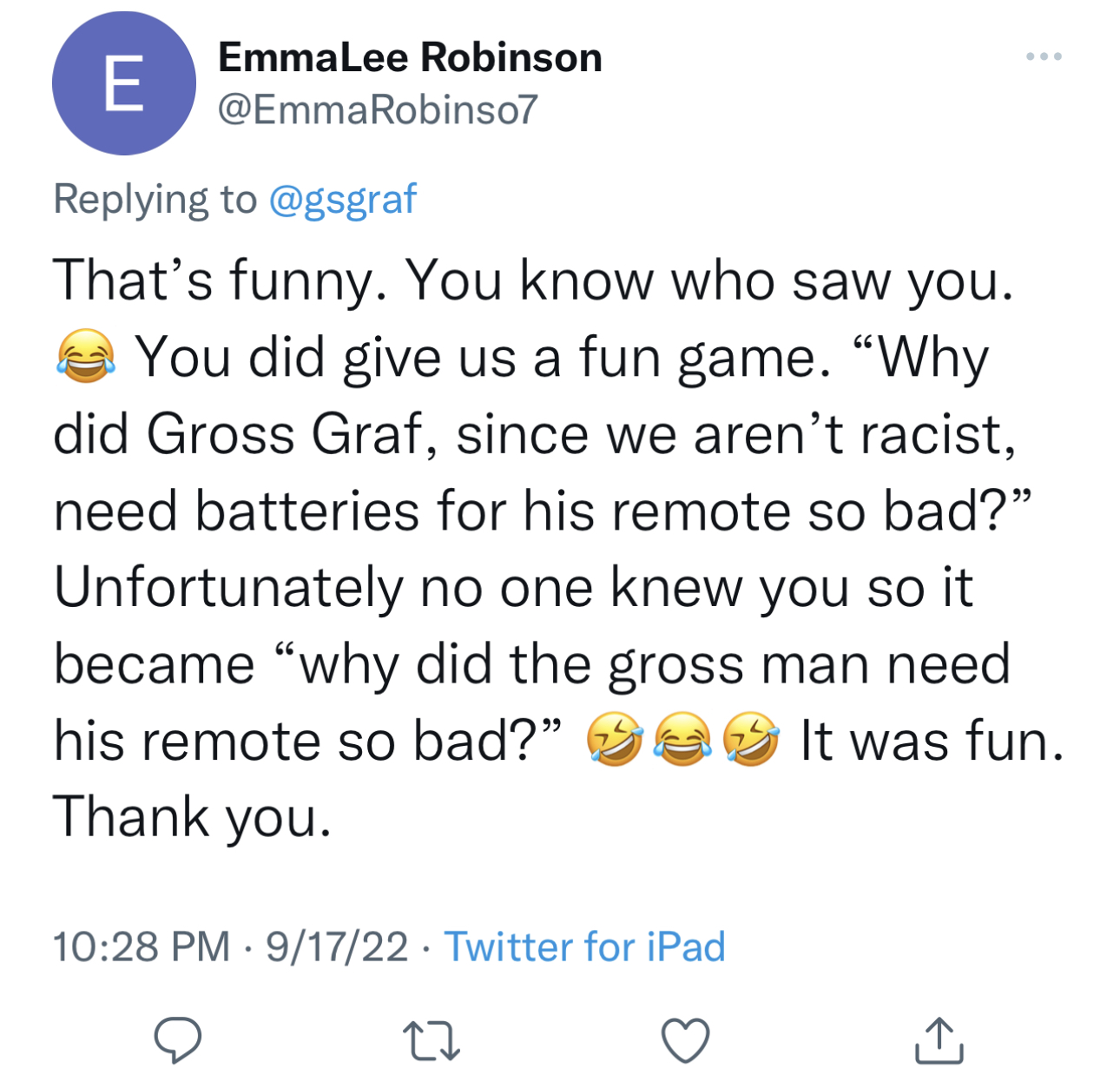 EmmaLee Robinson replying to @gsgraf on Twitter