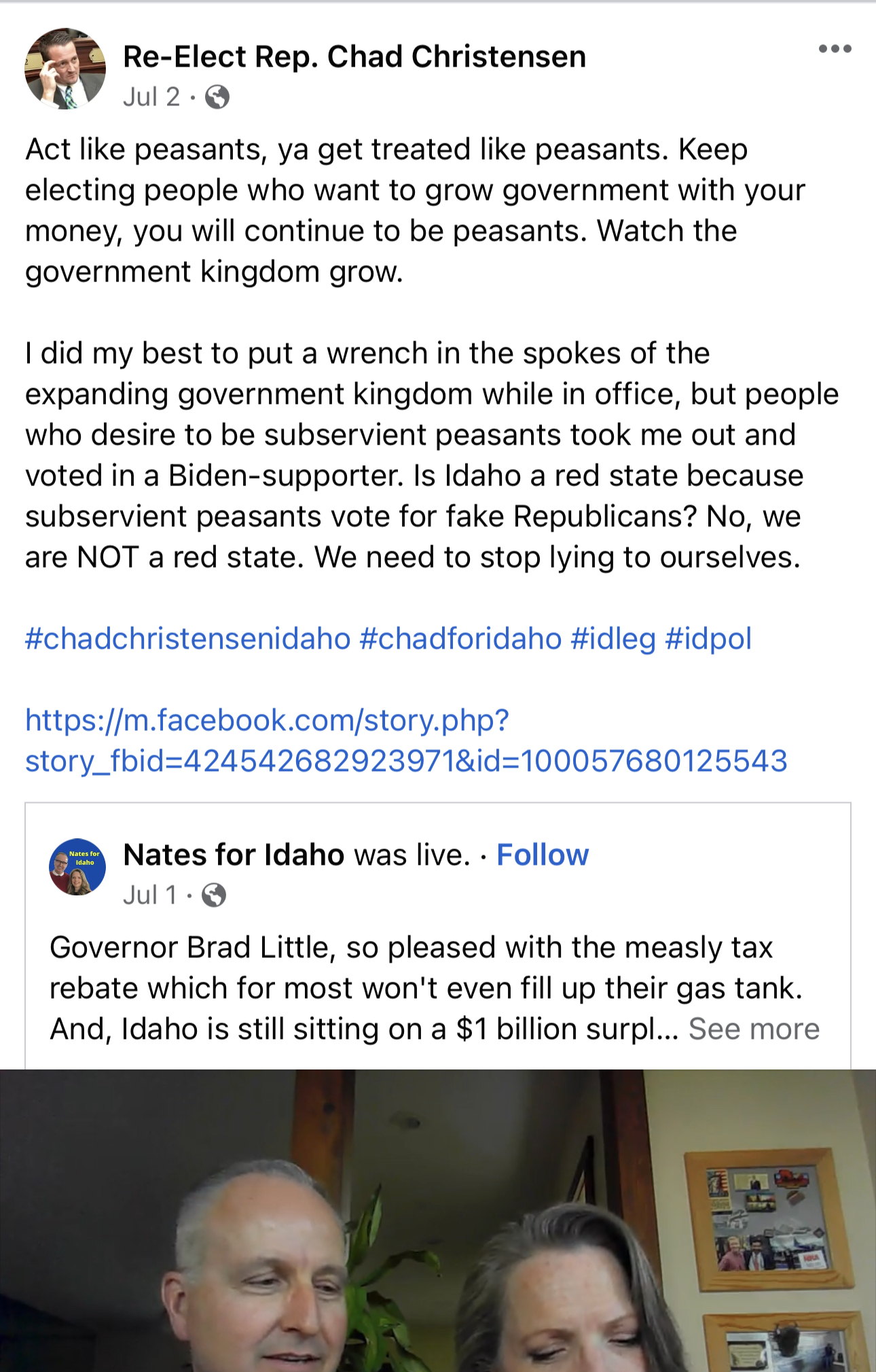 Chad Christensen Facebook post: 'Act like peasants, ya get treated like peasants'