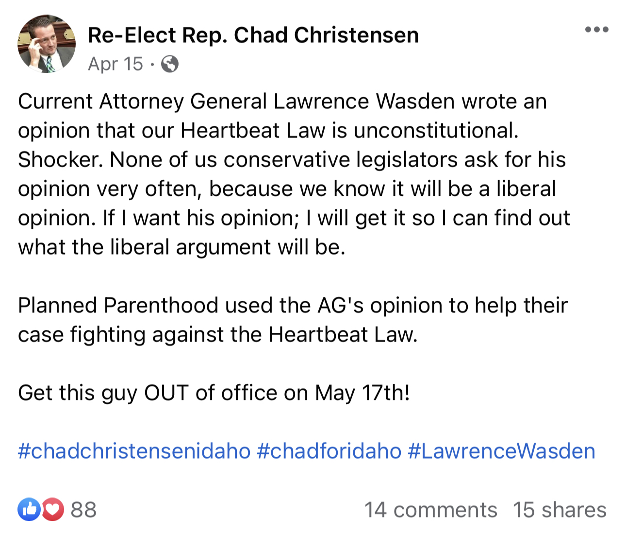 Chad Christensen Facebook post about Attorney General Wasden