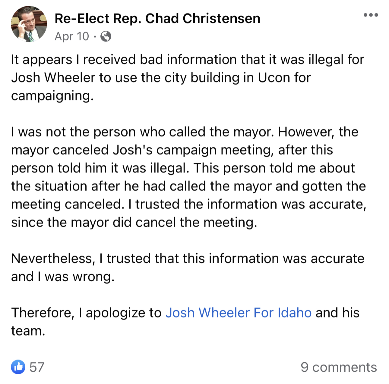 Chad Christensen Facebook post retracting bad information