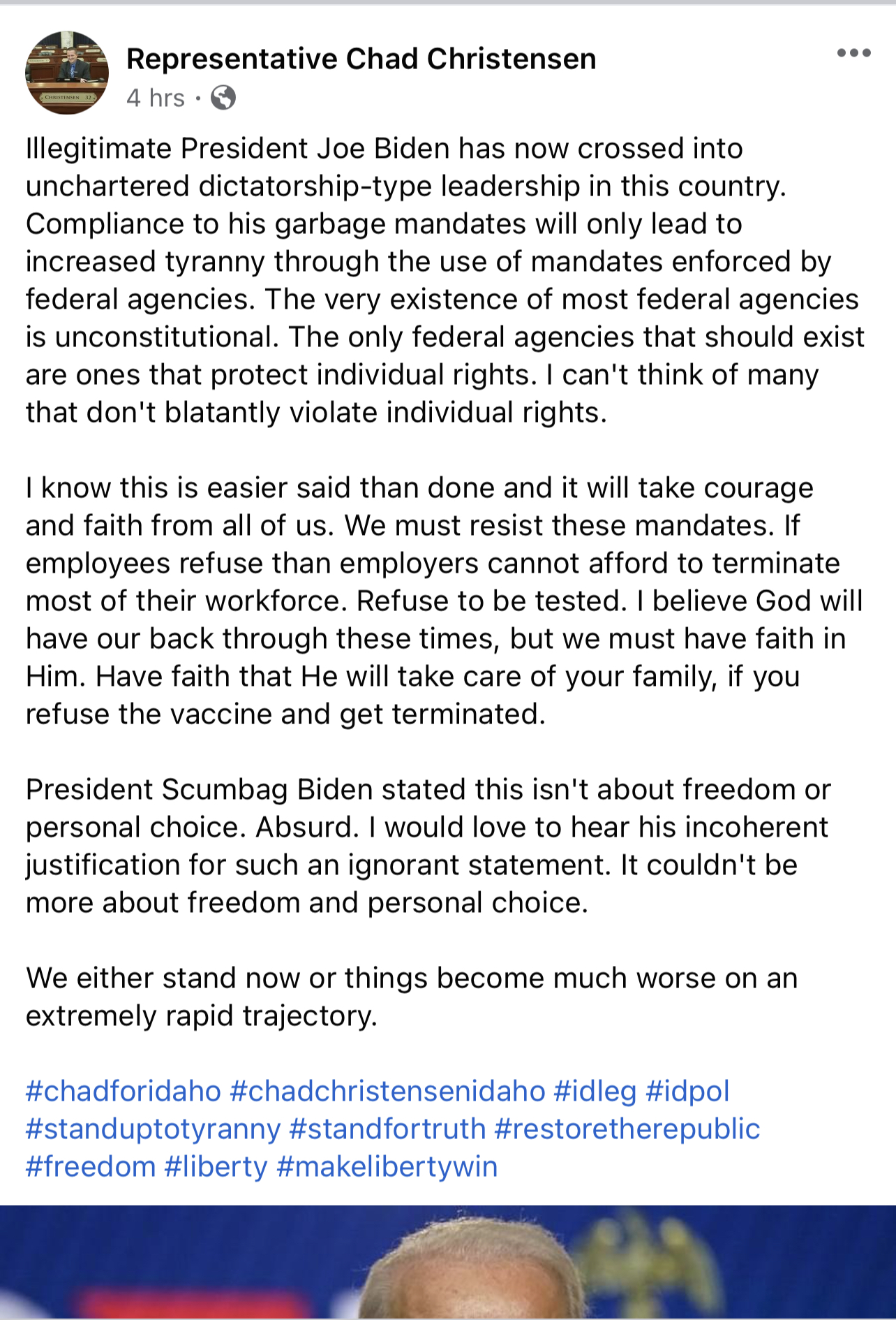 Chad Christensen Facebook post calling Biden illegitimate president