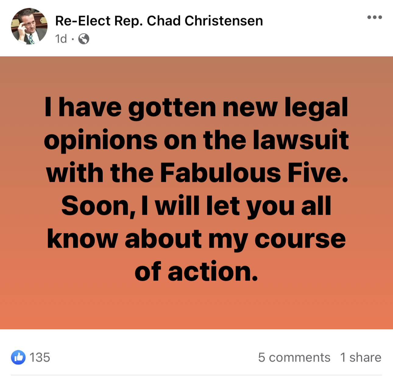 Chad Christensen Facebook post about blocking lawsuit, legal advice post