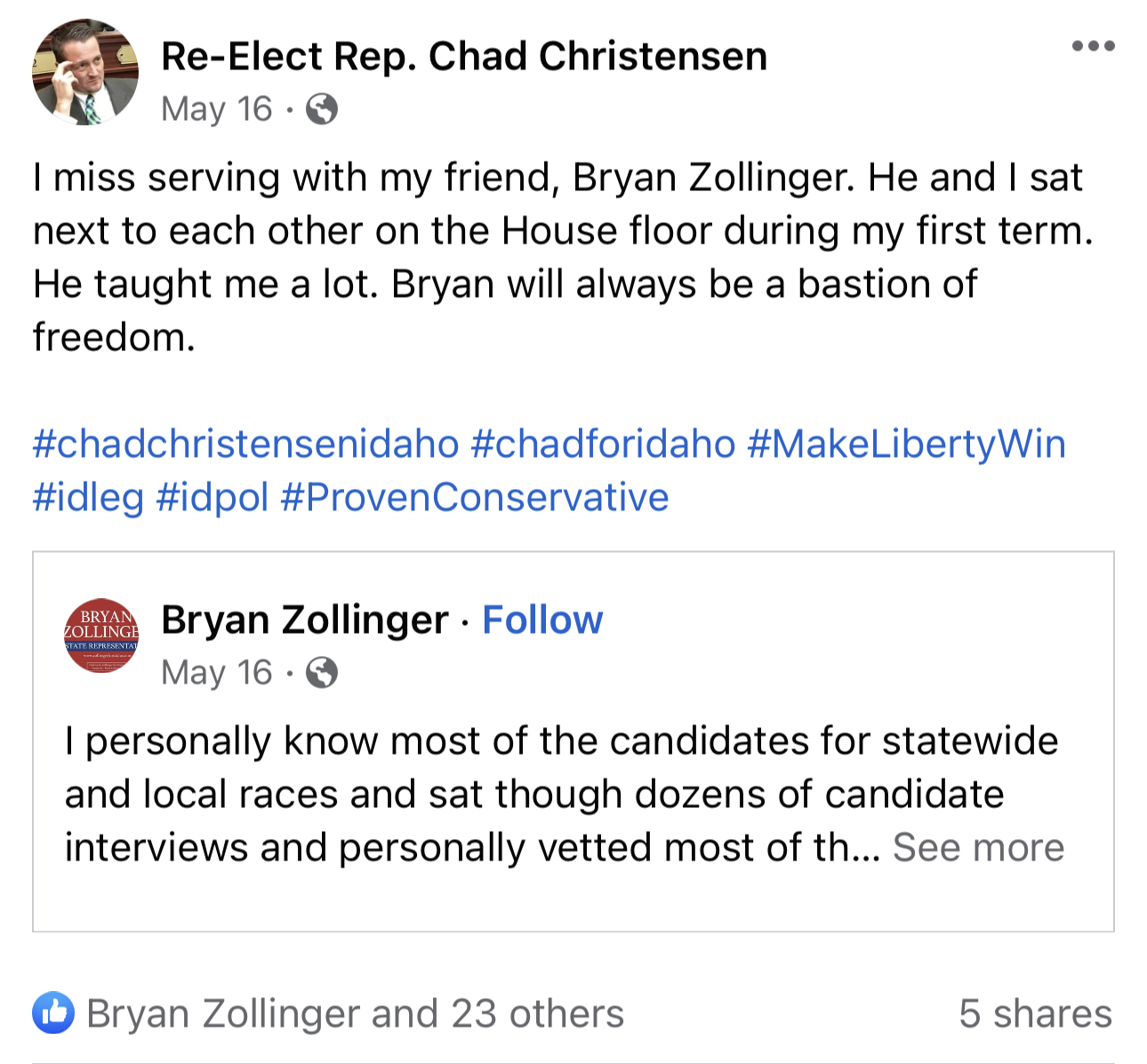 Chad Christensen Facebook post saying he misses Bryan Zollinger