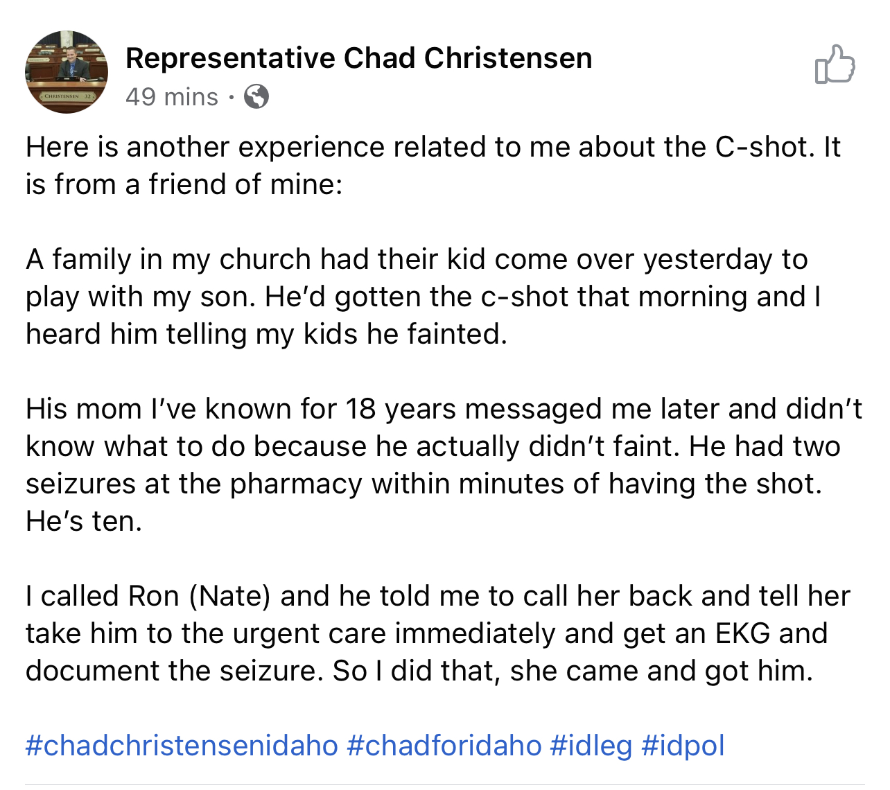 Chad Christensen Facebook post about constituent experience