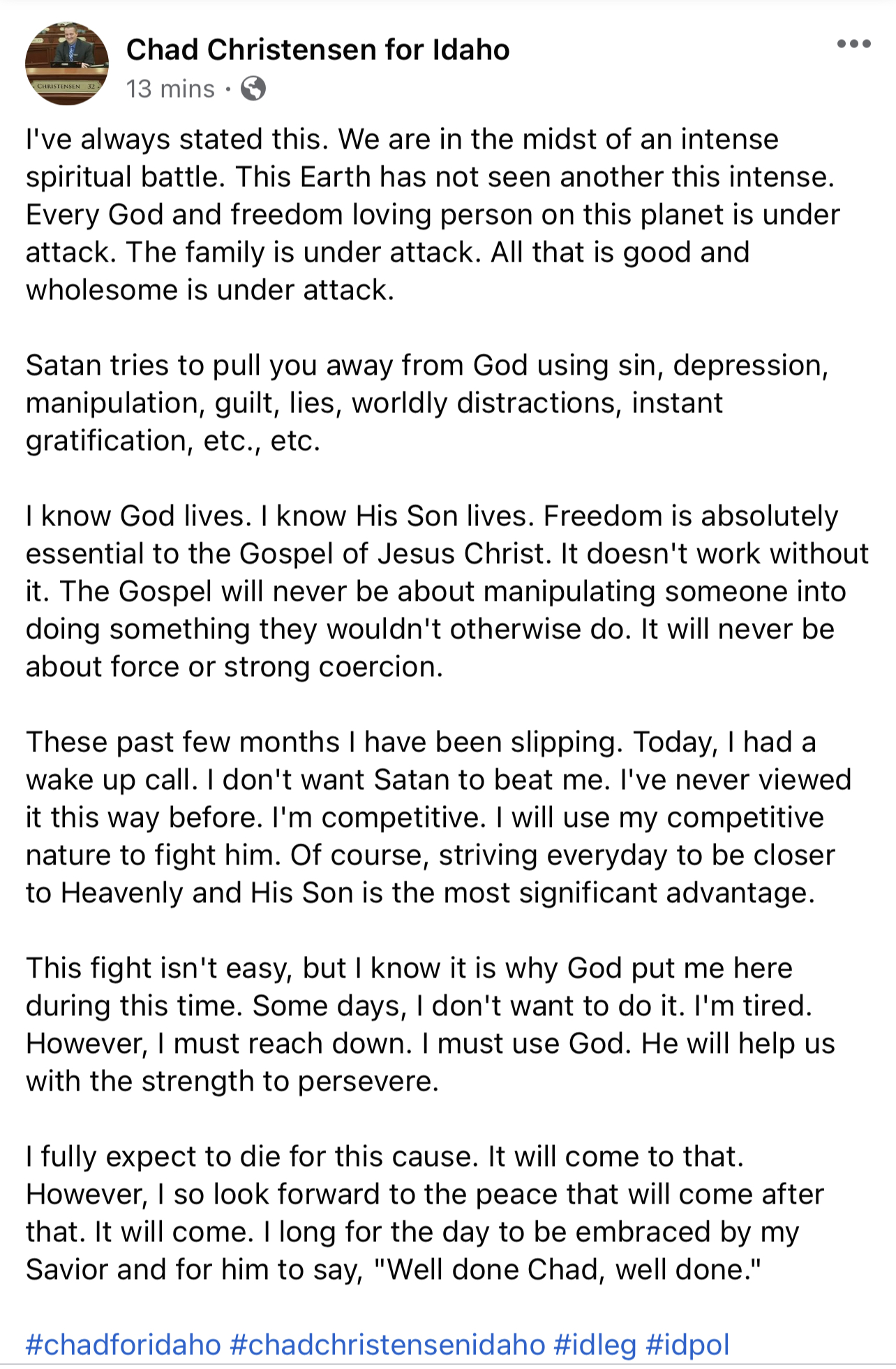 Chad Christensen Facebook post about dire situation