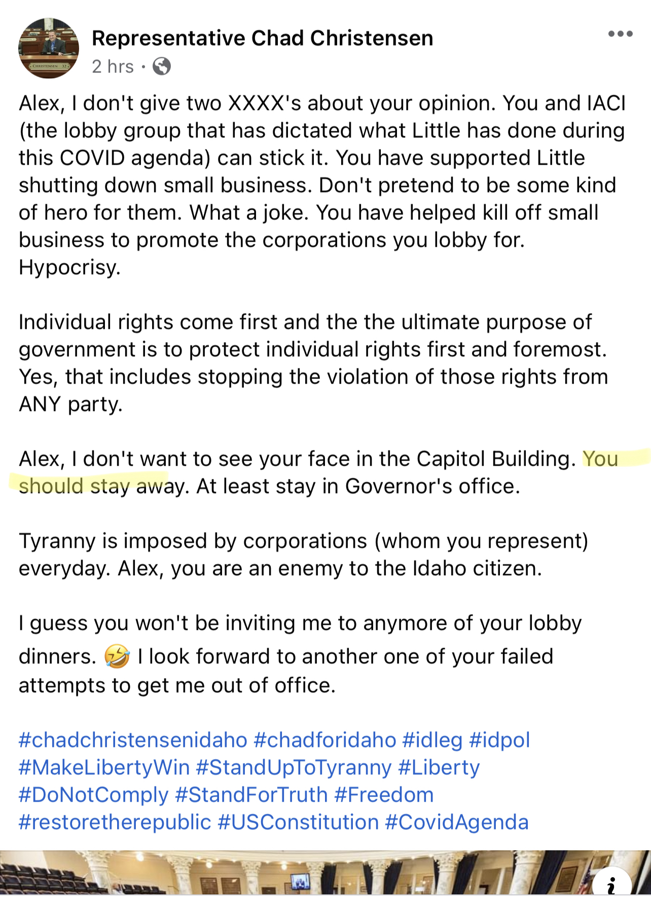 Chad Christensen Facebook post: 'I don't give two XXXX's about your opinion'