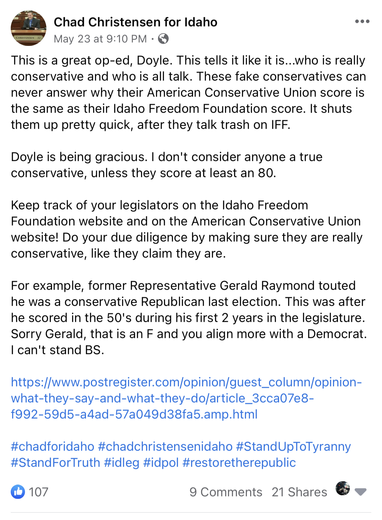 Chad Christensen Facebook post praising Doyle Beck op-ed