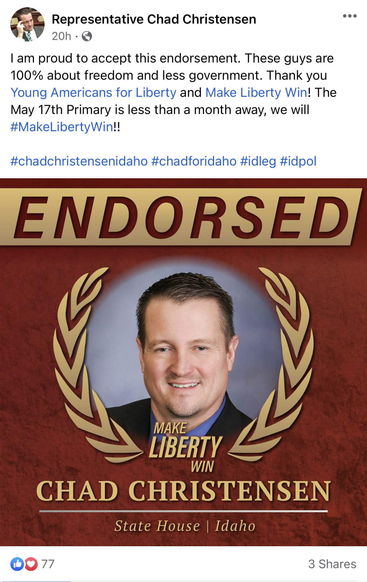 Chad Christensen Facebook post accepting endorsement