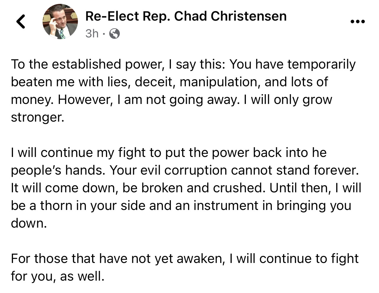 Chad Christensen Facebook post to established power