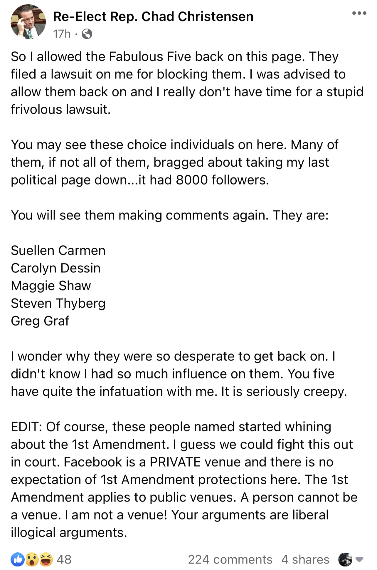 Chad Christensen Facebook post about the Fabulous Five lawsuit