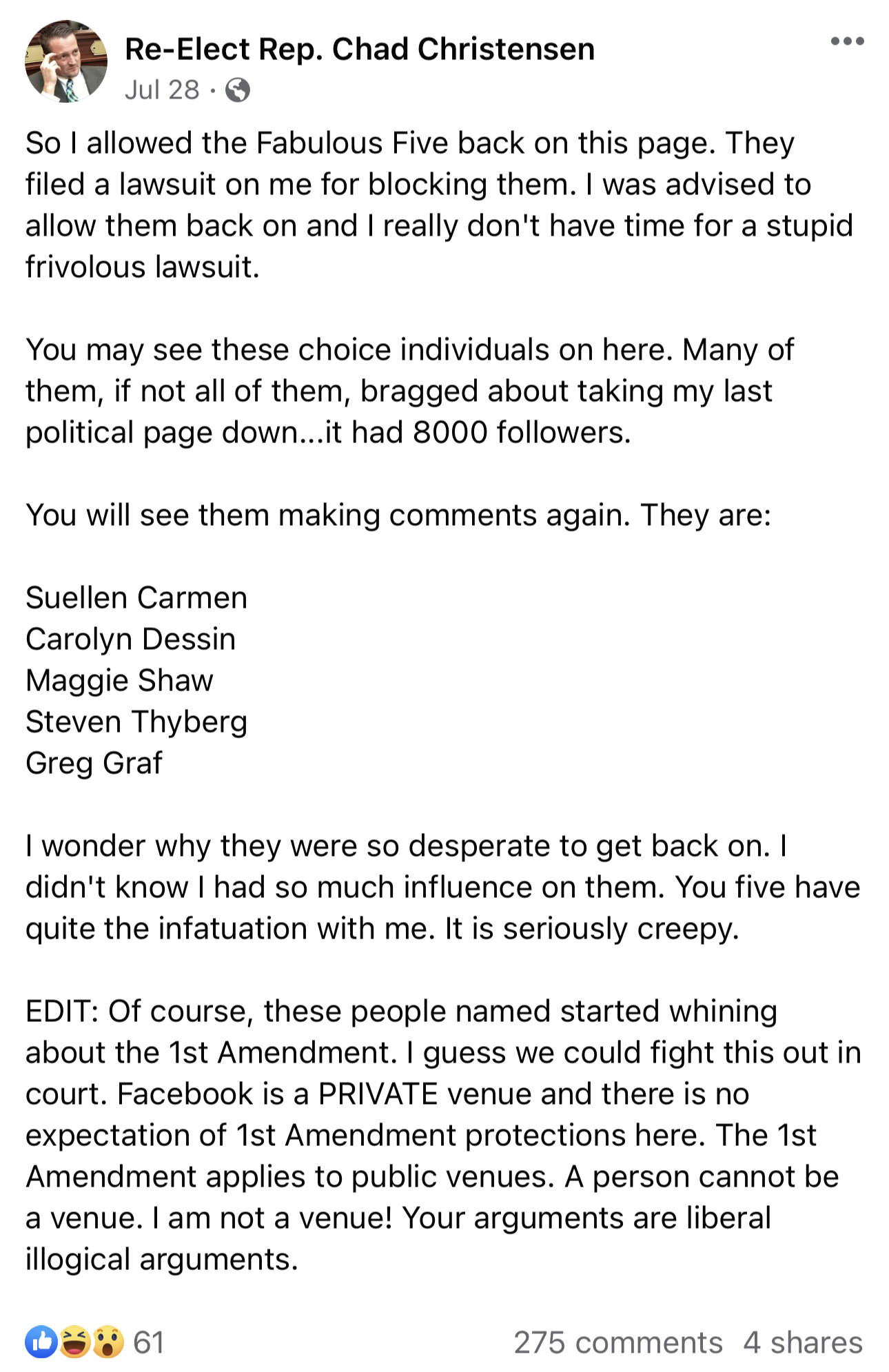 Chad Christensen Facebook post allowing the Fabulous Five back on page