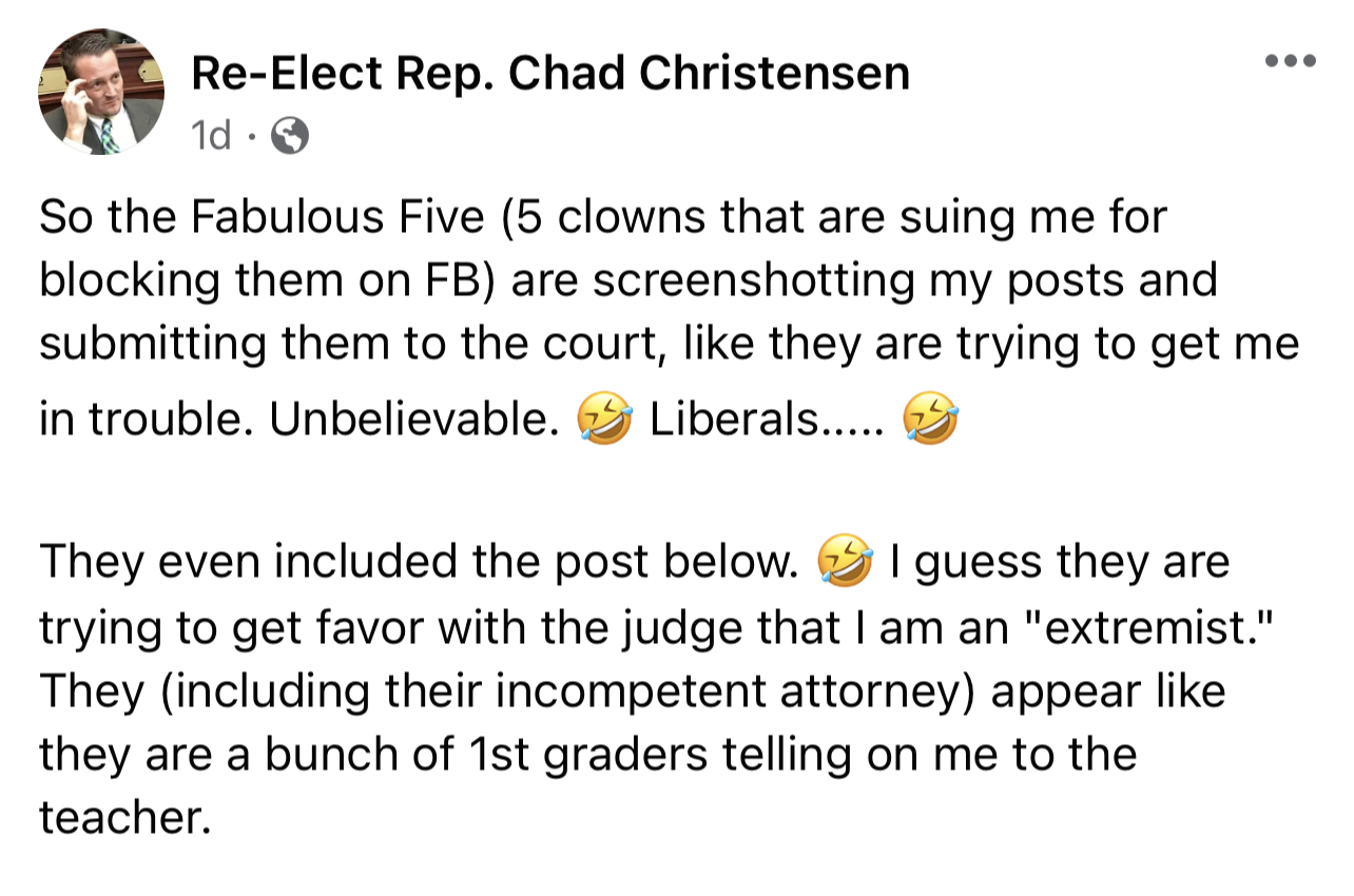 Chad Christensen Facebook post calling the Fabulous Five 'clowns that are suing me for blocking'