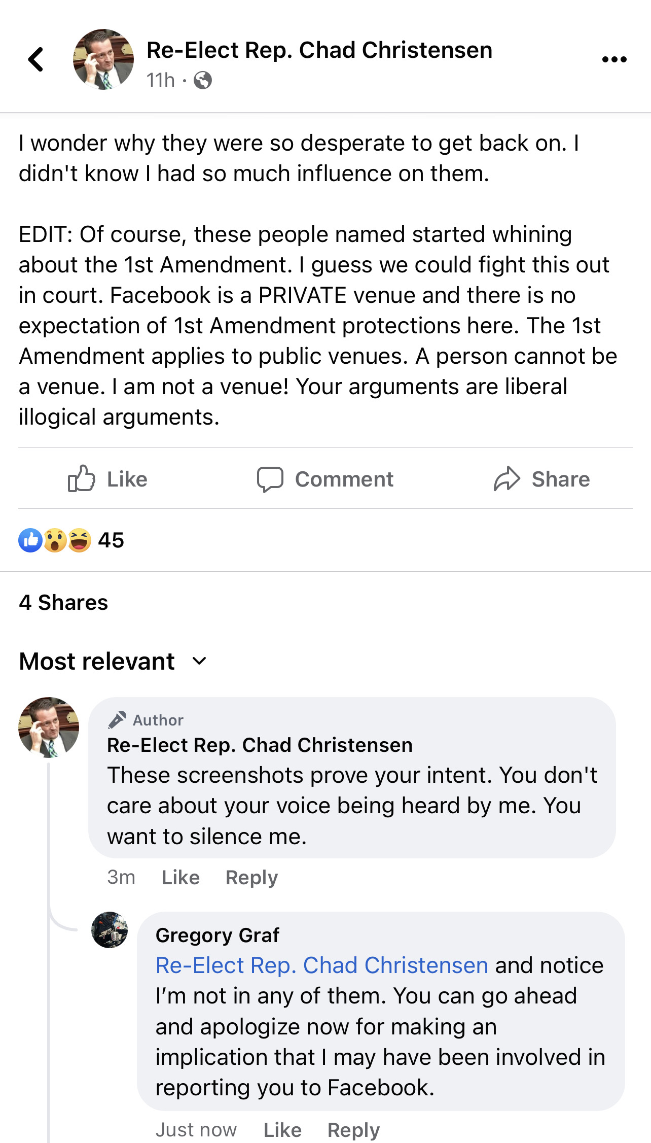 Chad Christensen Facebook post questioning why plaintiffs were desperate to rejoin page