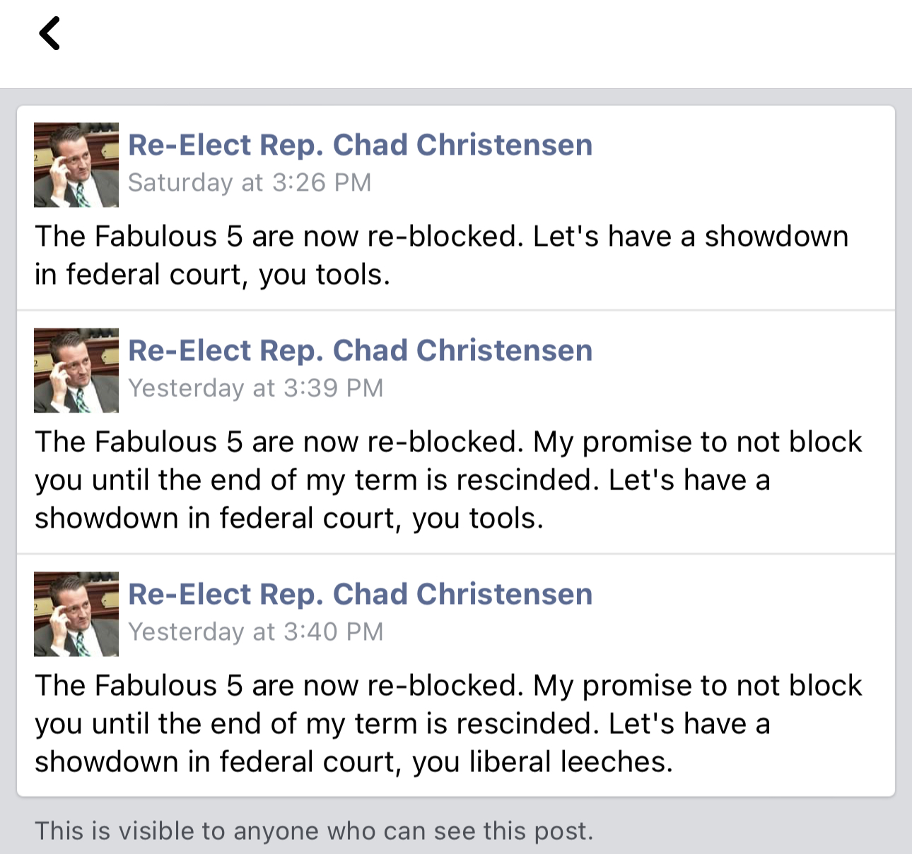 Chad Christensen Facebook post: 'The Fabulous Five are now re-blocked'