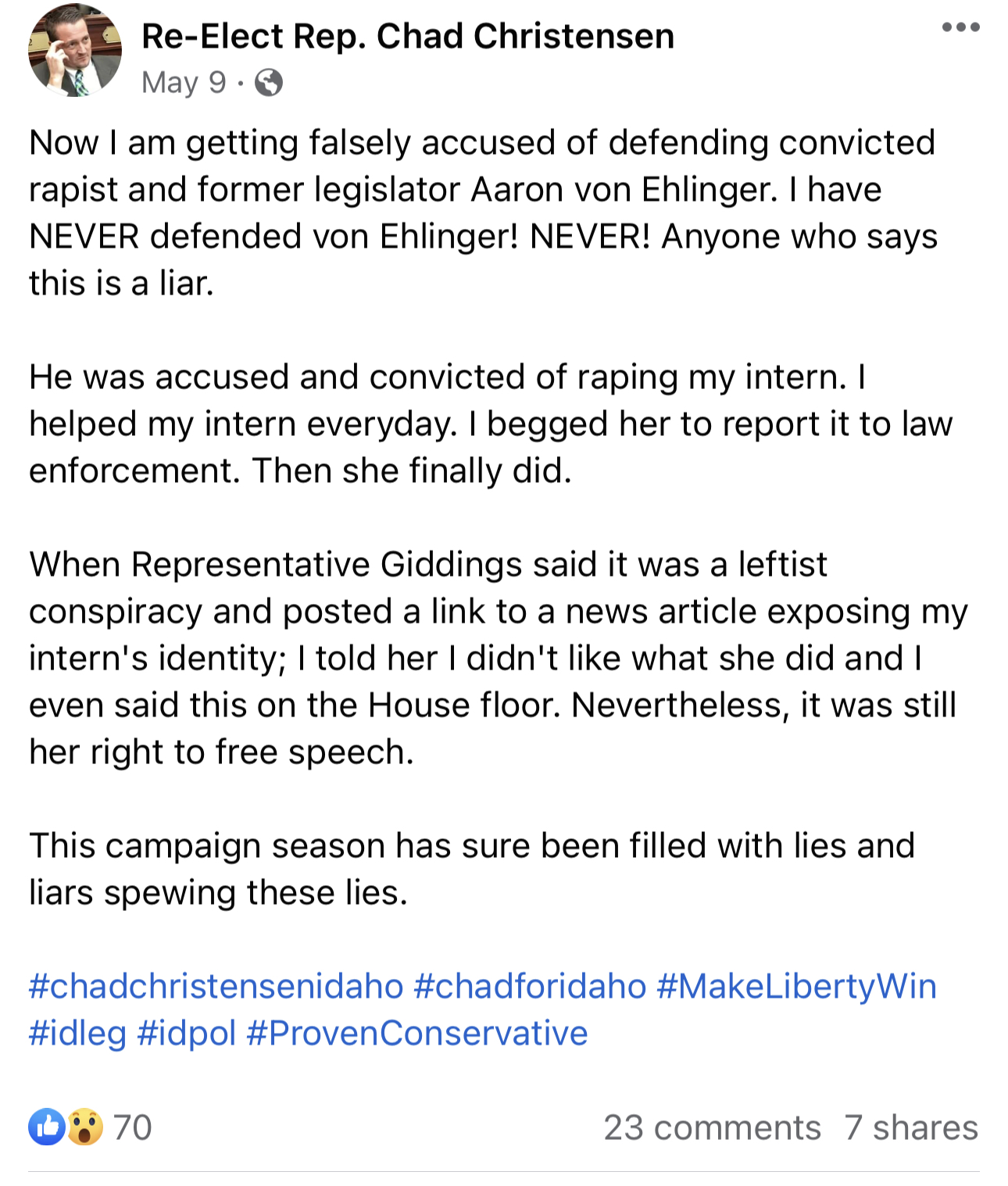 Chad Christensen Facebook post claiming to be falsely accused