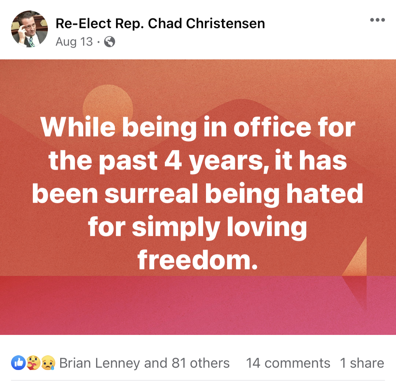 Chad Christensen Facebook post about four years in office