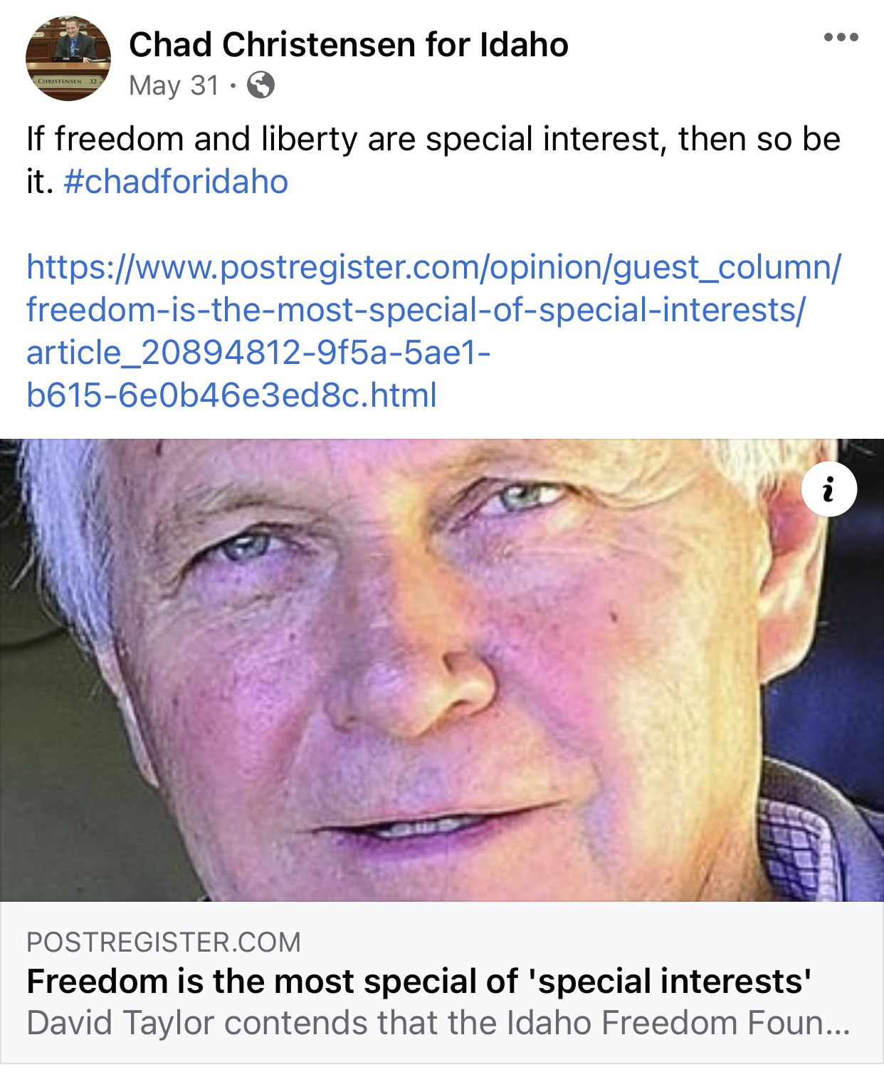 Chad Christensen Facebook post about freedom and liberty being called special interest