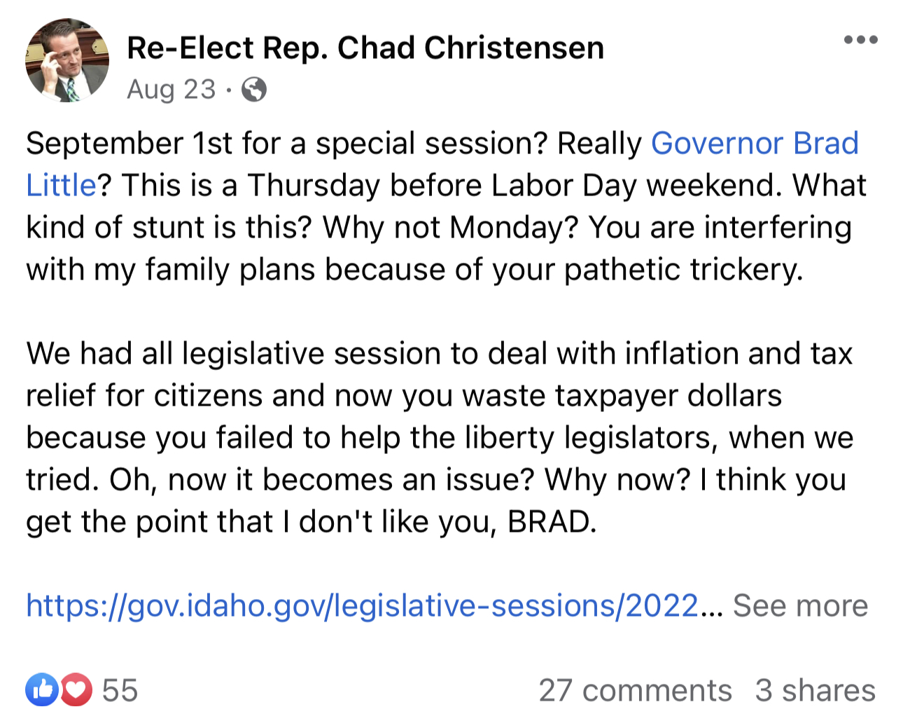 Chad Christensen Facebook post attacking Governor's special session