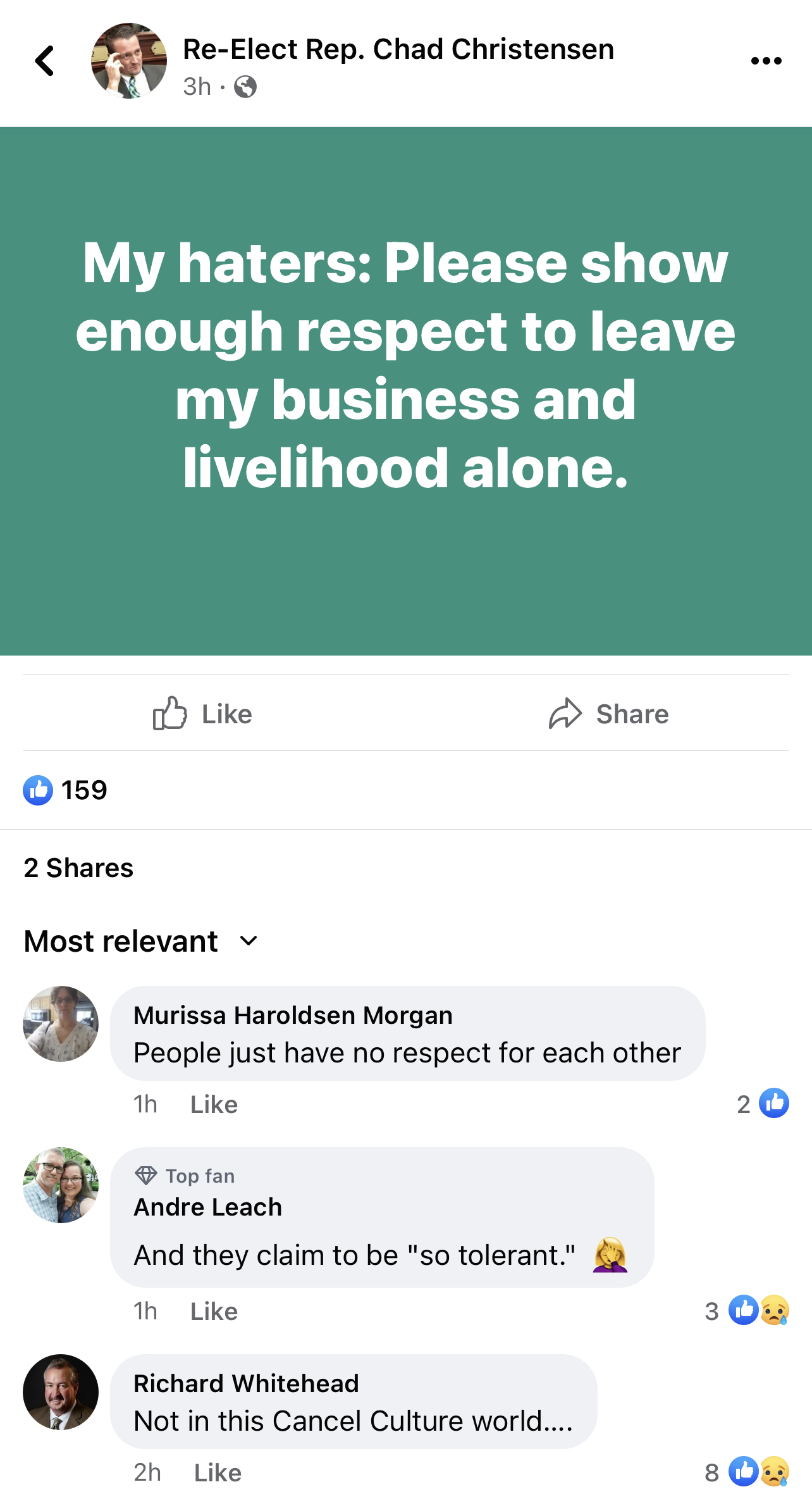 Chad Christensen Facebook post to haters: 'Please show me'