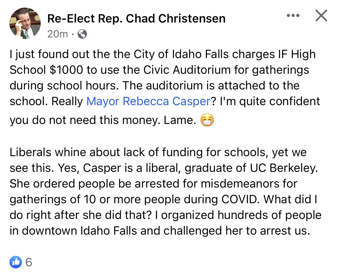 Chad Christensen Facebook post about Idaho Falls city charge