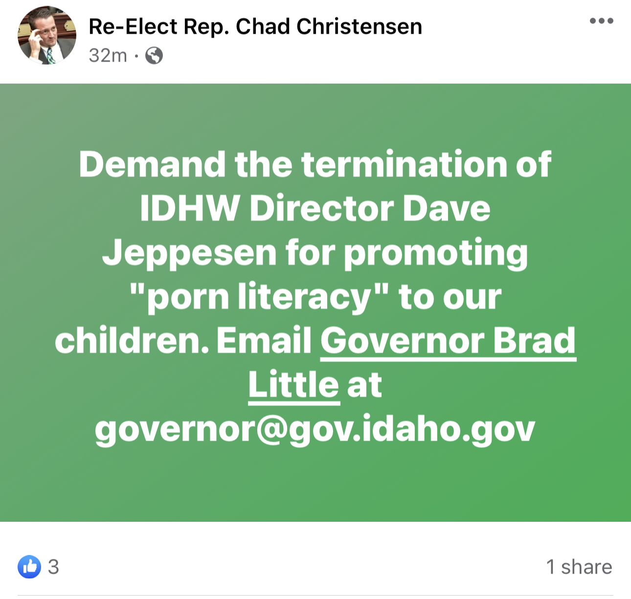 Chad Christensen Facebook post demanding termination of IDHW Director Dave