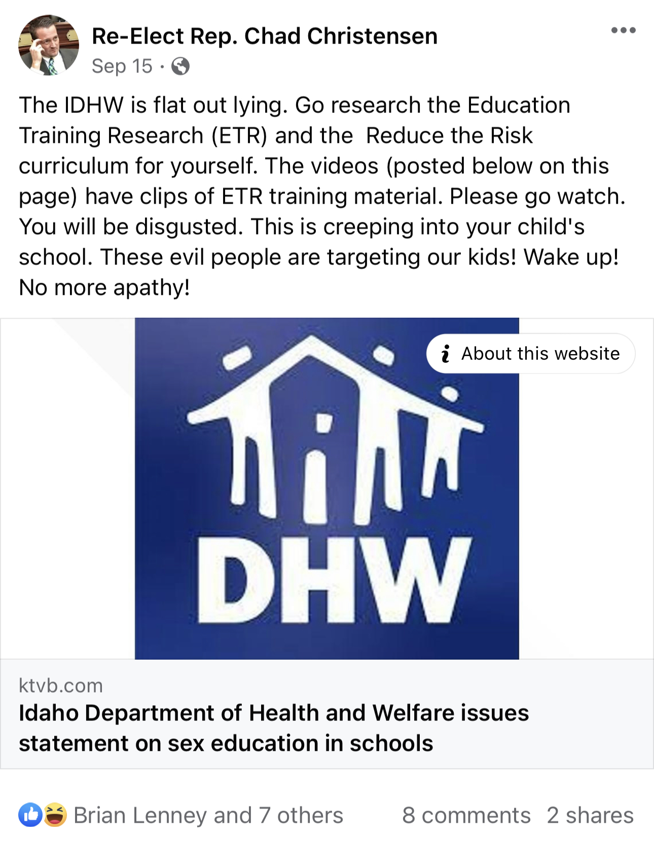 Chad Christensen Facebook post accusing IDHW of lying