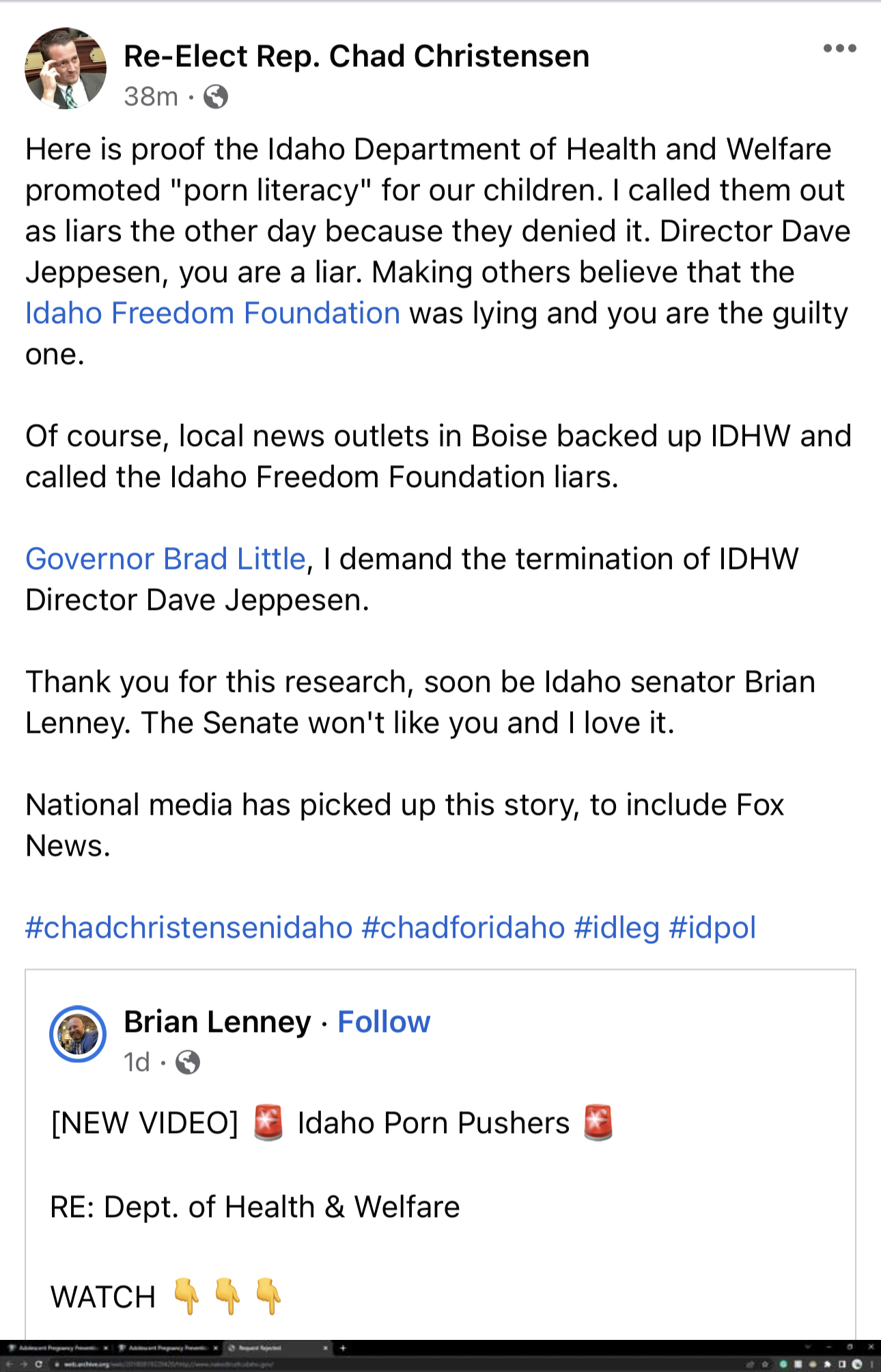 Chad Christensen Facebook post with IDHW proof