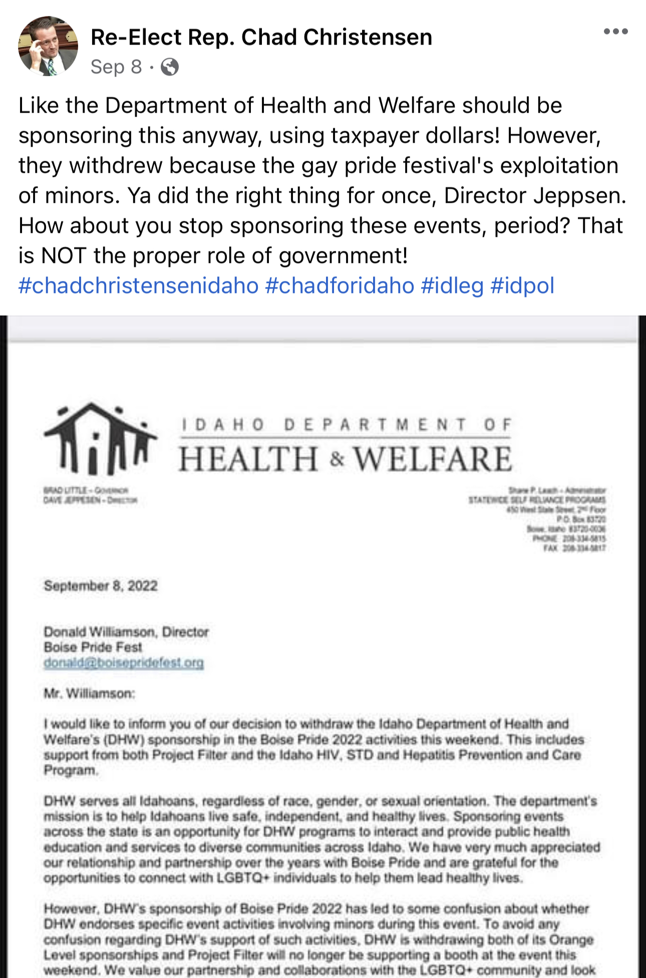 Chad Christensen Facebook post attacking IDHW welfare department