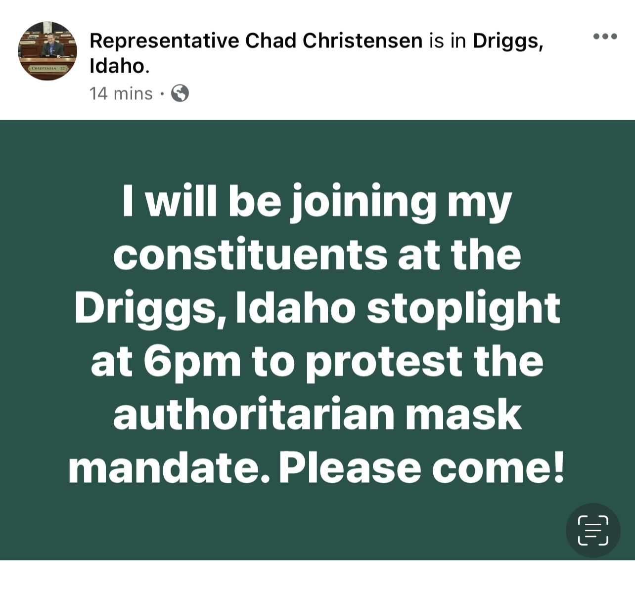 Chad Christensen Facebook post about joining constituents