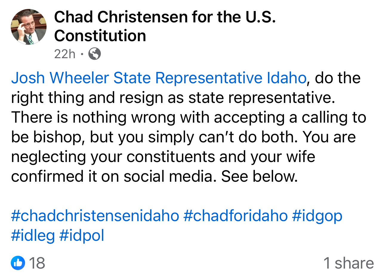 Chad Christensen demanding Josh Wheeler resign for accepting LDS bishop calling