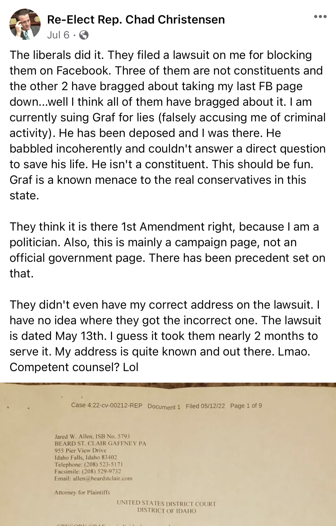 Chad Christensen Facebook post: 'The liberals did it. They filed a lawsuit'