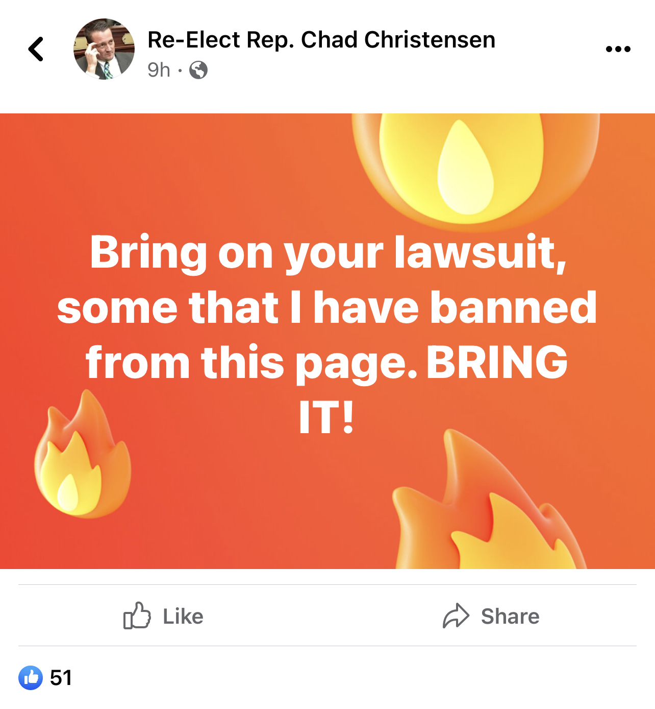 Chad Christensen Facebook post screenshot with like and share