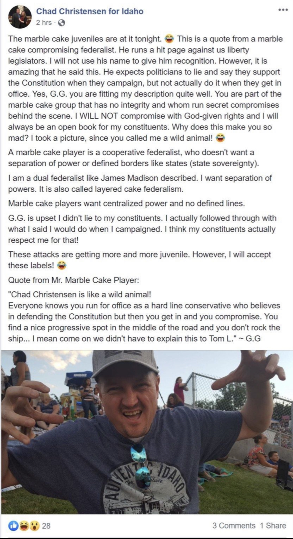 Chad Christensen Facebook post about 'marble cake juveniles'