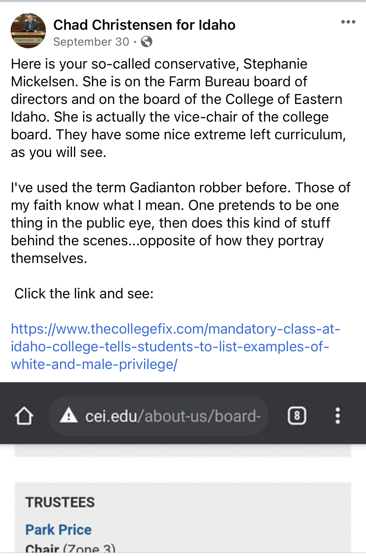 Chad Christensen Facebook post about Stephanie Mickelsen