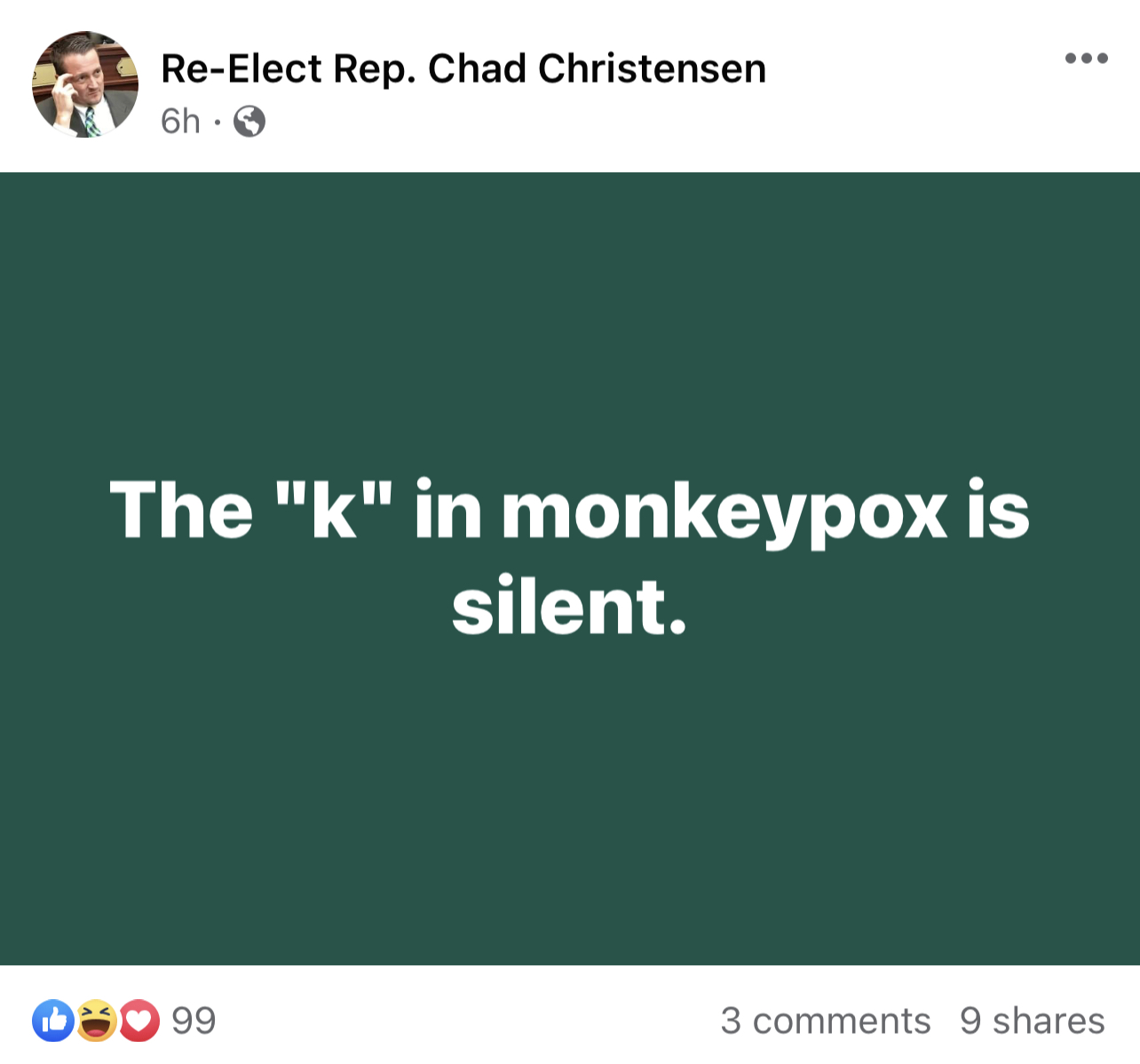Chad Christensen Facebook post using racial slur in monkeypox post