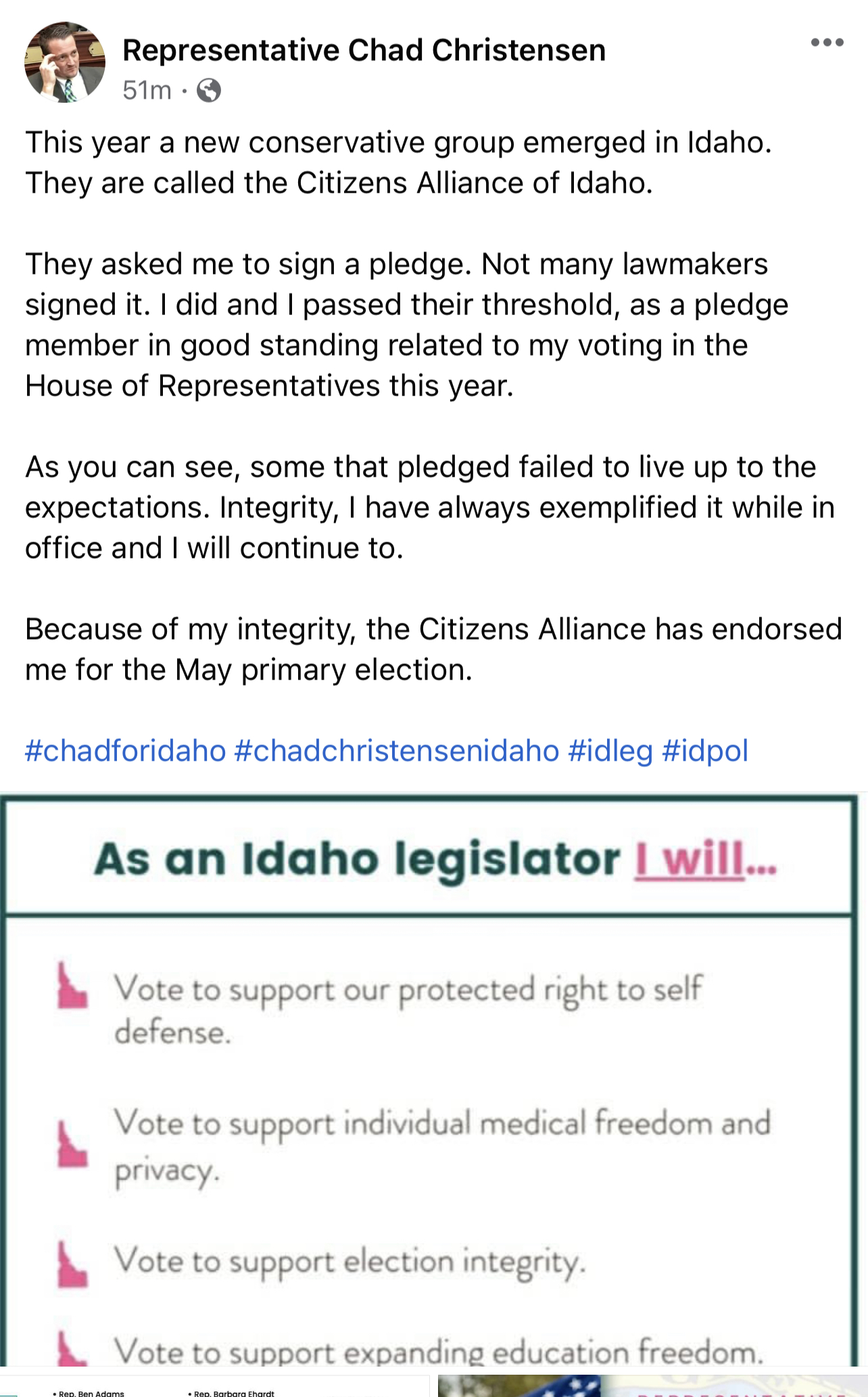 Chad Christensen Facebook post about new conservative group in Idaho
