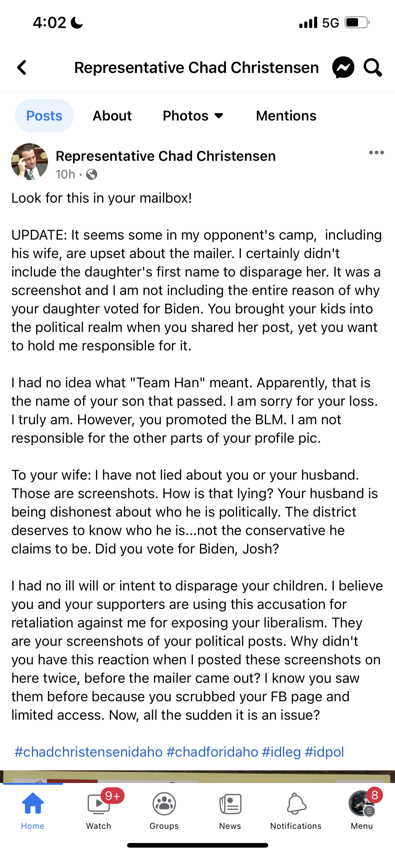 Chad Christensen Facebook page posts tab screenshot