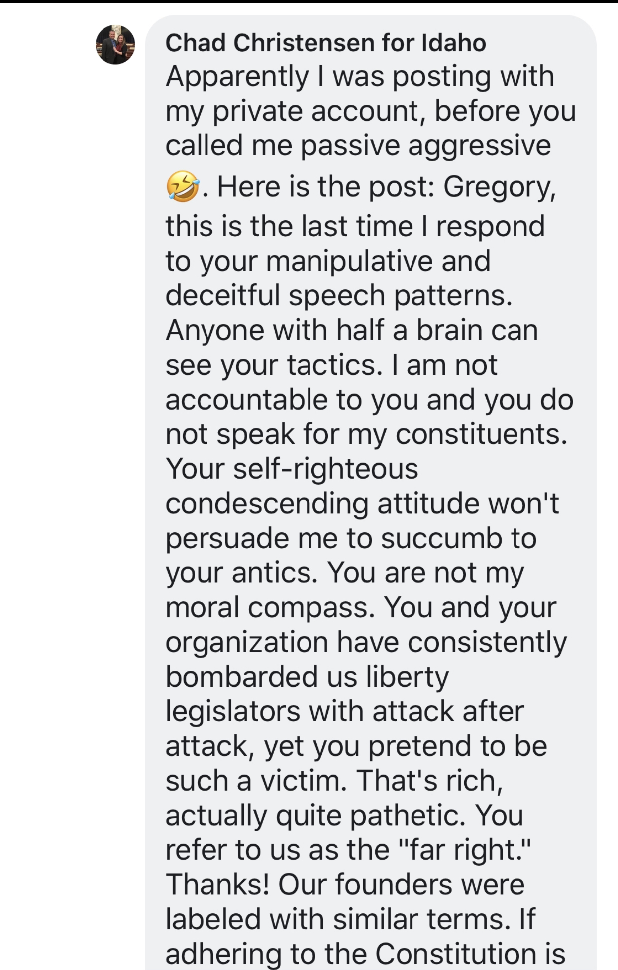 Chad Christensen noting he was posting from private account