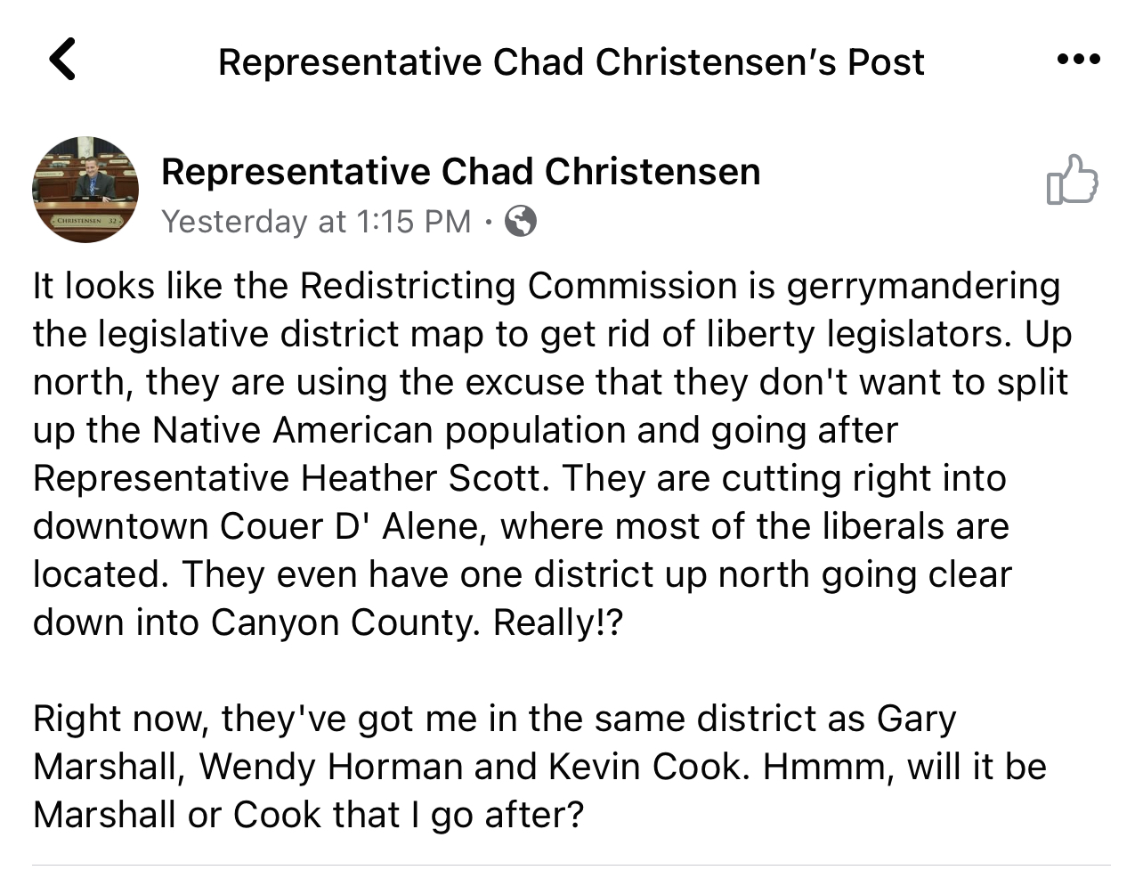 Chad Christensen Representative Facebook post 2021