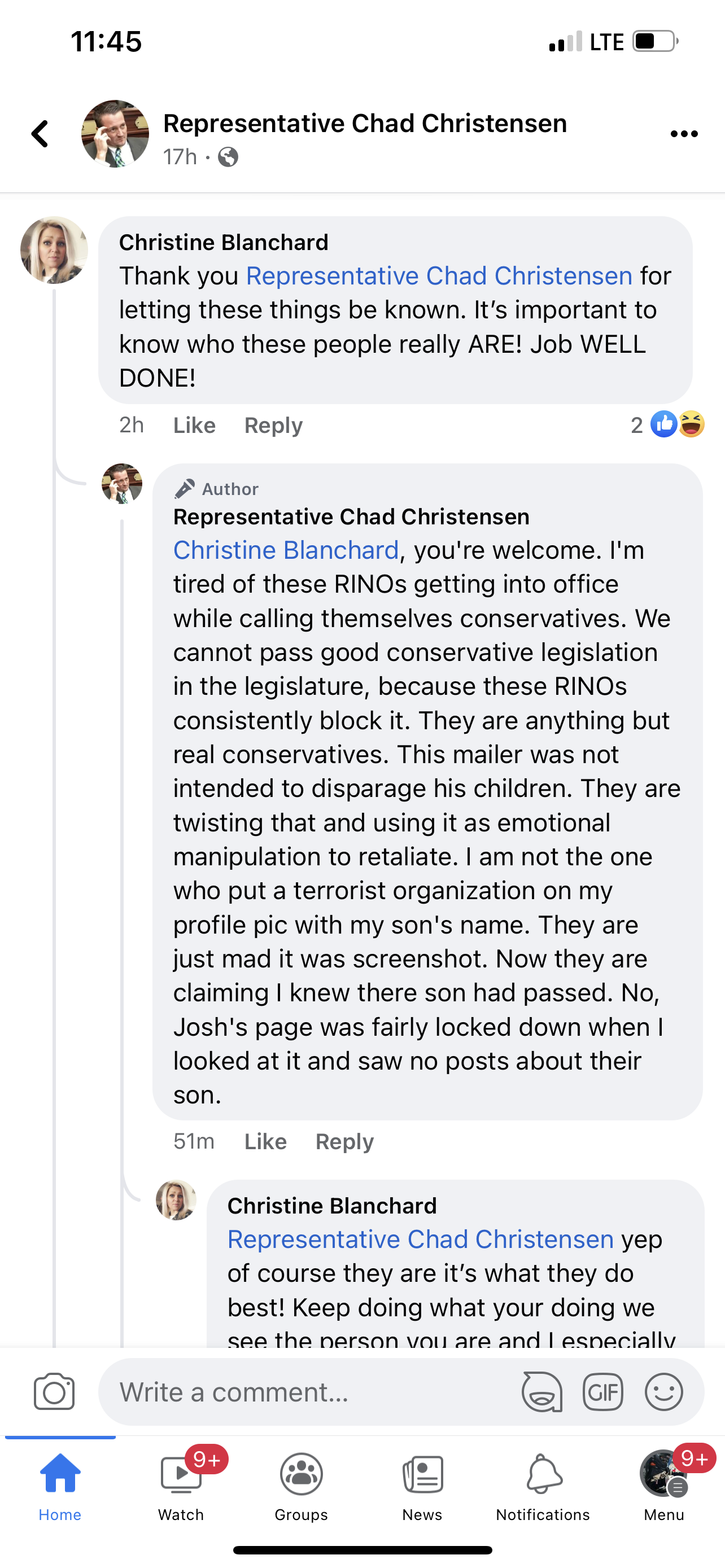 Chad Christensen Representative Facebook post 2022