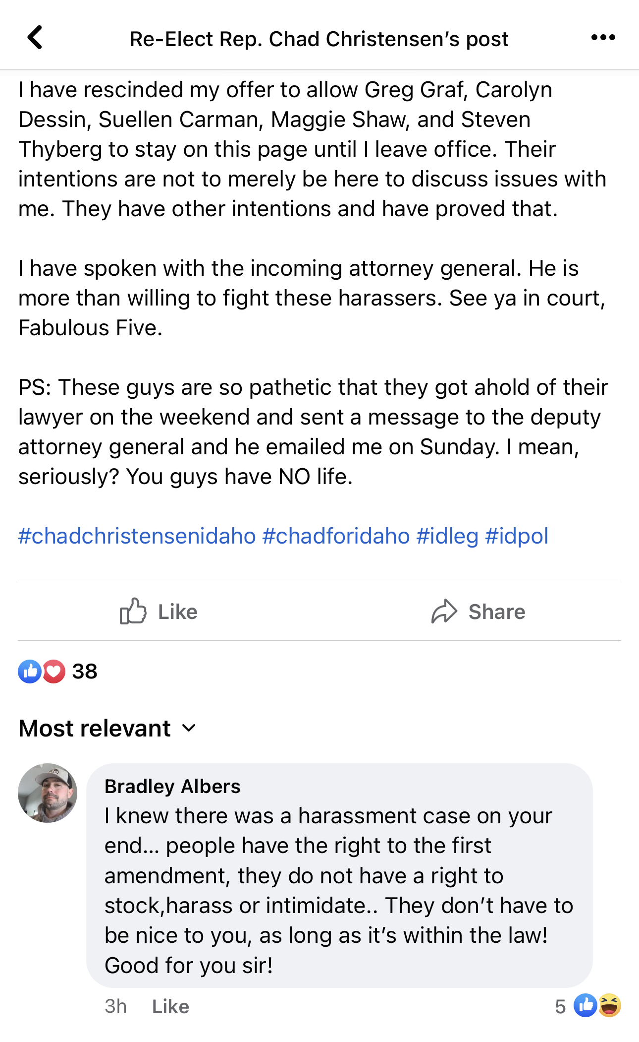 Chad Christensen Facebook post rescinding offer to allow Graf and others back