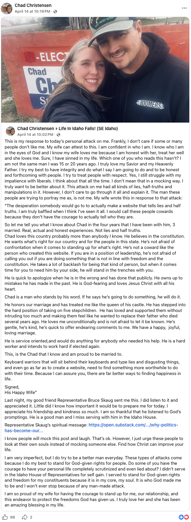 Screenshot of Chad Christensen's Facebook response post to chadchristensen.org