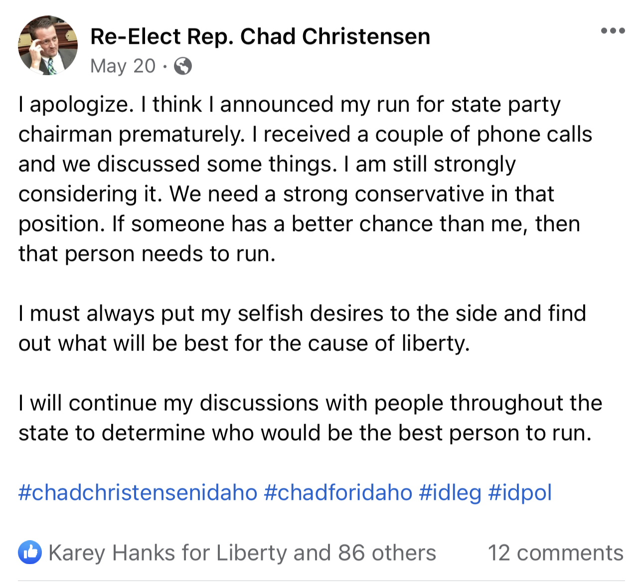 Chad Christensen Facebook post apologizing for announcing run for state