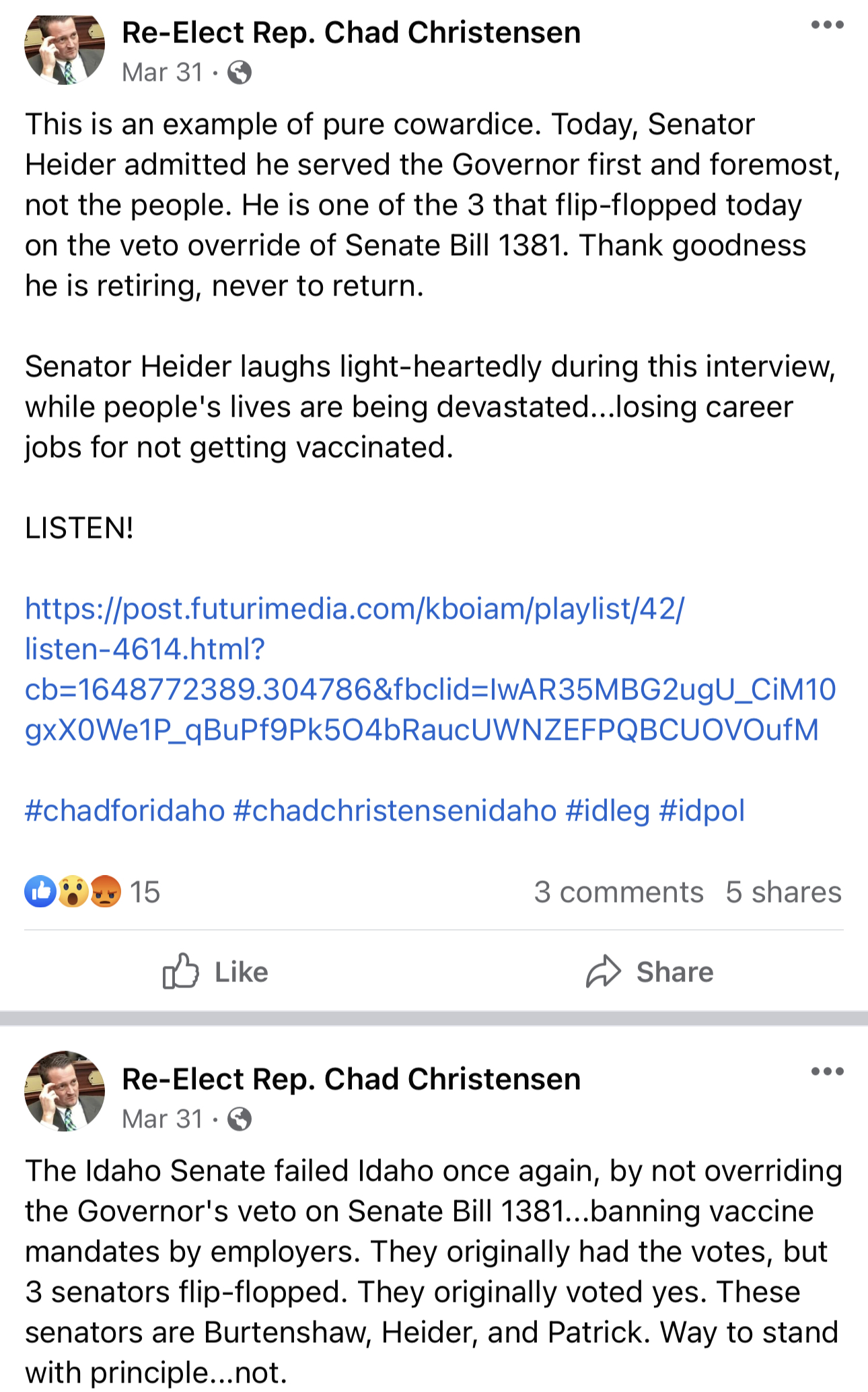 Chad Christensen Facebook post calling Senate action cowardice