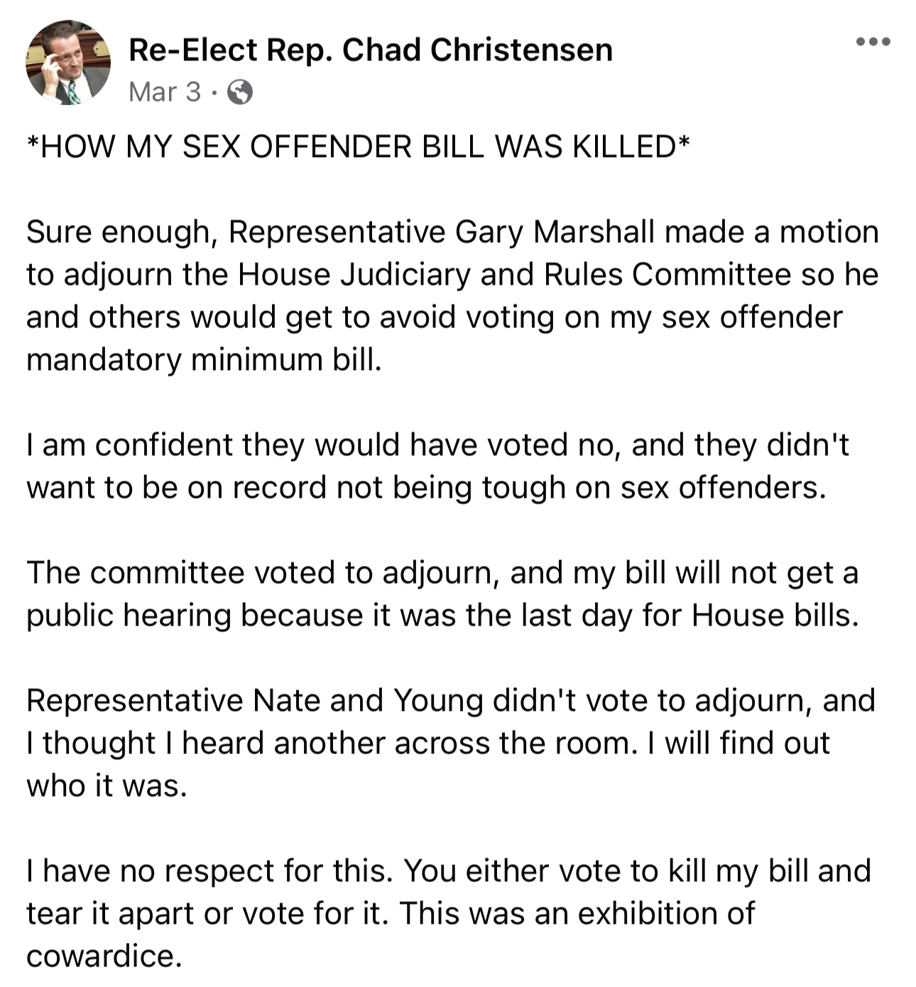 Chad Christensen Facebook post: 'How My Sex Offender Bill Was Killed'